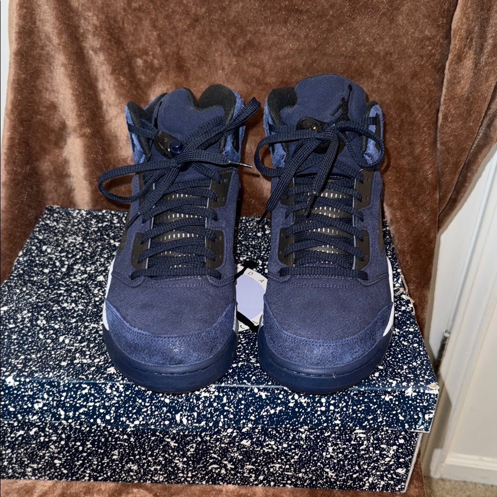 Jordan Navy Blue and White Suede High-Top Sneakers - Picture 2 of 9